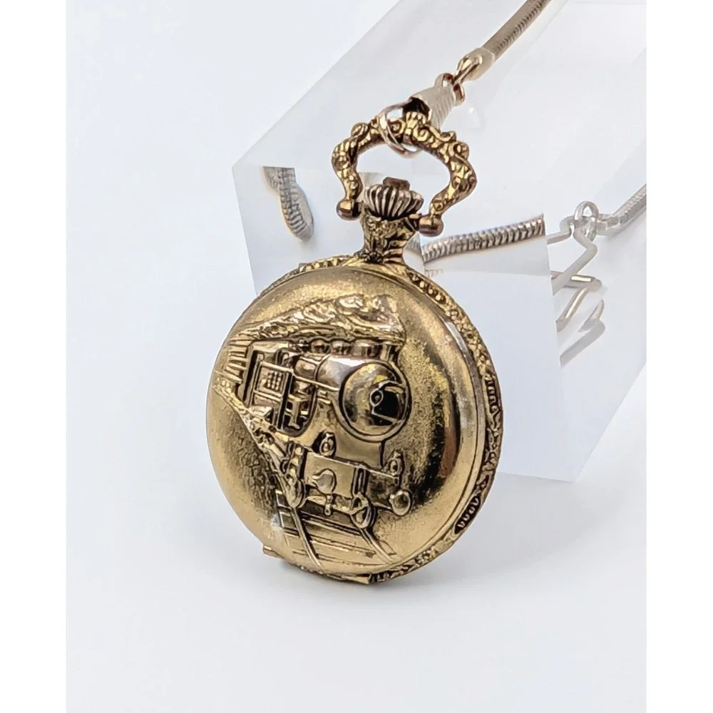 Vintage Train Pocket Watch Gold Tone Steam Engine‎ Snake Chain Steampunk